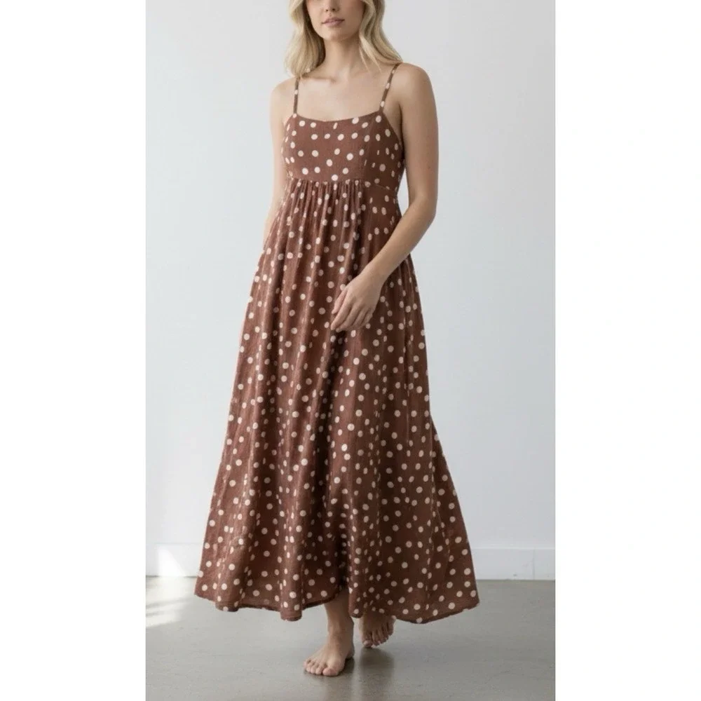 Abercrombie & Fitch Brown Polka Dot Maxi Dress XL Summer Boho Cottagecore Gauzy